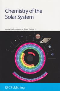 cover image of Lodders and Fegley, Chemistry of the solar system showing a circle with chemical element symbols and the nine planets in the solar system around it.