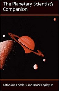 cover image of book by Lodders & Fegley showing planet saturn with ring and one of its moons in front of the planet.